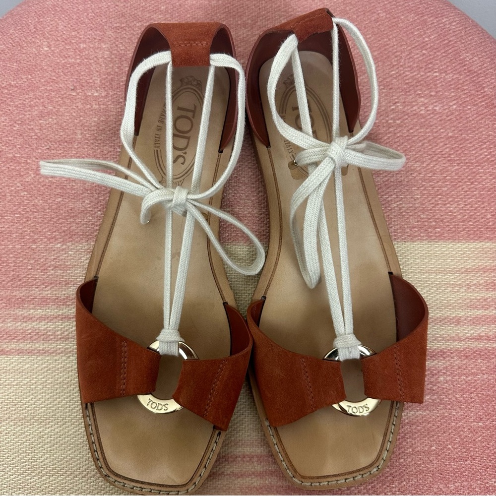 Tod's Brown Suede Ankle Wrap Flat Sandals